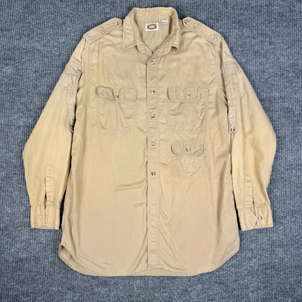 Vtg 80s Banana Republic Safari Shirt Mens L Khaki Military Utility Travel Cotton